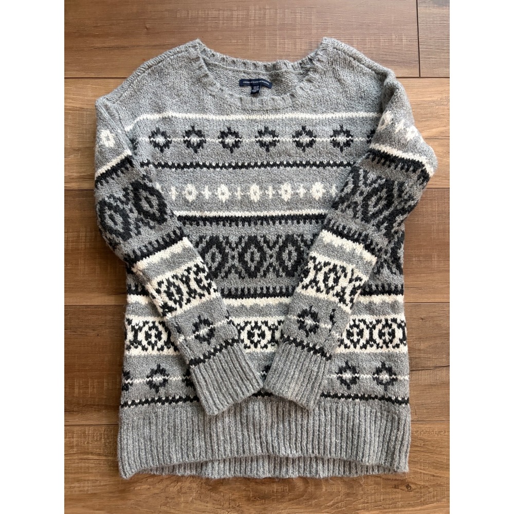 American Eagle Outfitters Gray Fair Isle Crew Neck Sweater Womens XS Geometric